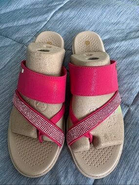 Bzees Hot Pink Crystal Crossband Slide Sandals